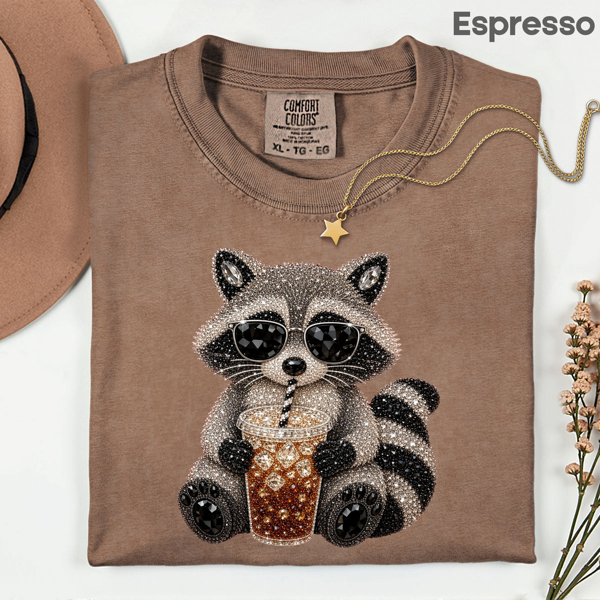 Cool Raccoon Iced Coffee T-Shirt, Sunglasses Trash Panda Rhinestone Tee Sweatshirt