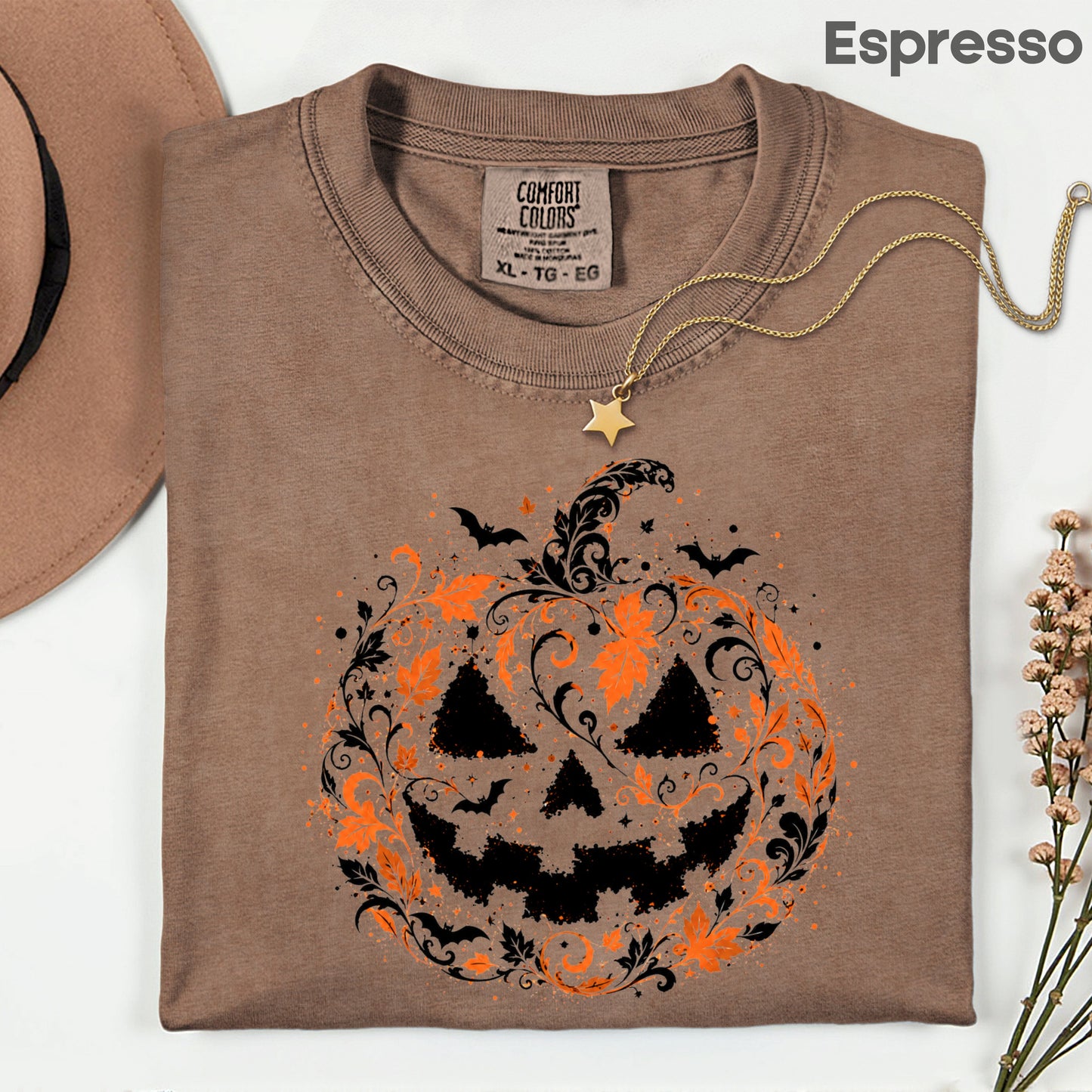 Halloween Pumpkin Face Floral Swirl Gothic T-Shirt, Intricate Spooky Pumpkin Tee