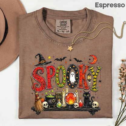 Halloween Witch Shelf Black Cat T-Shirt, Crystal Ball Cauldron Potion Skull Spooky Tee