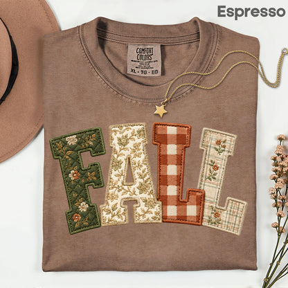 Fall Patchwork Chenille Letters T-Shirt, Quilted Plaid Autumn Thanksgiving Comfort Color Tee