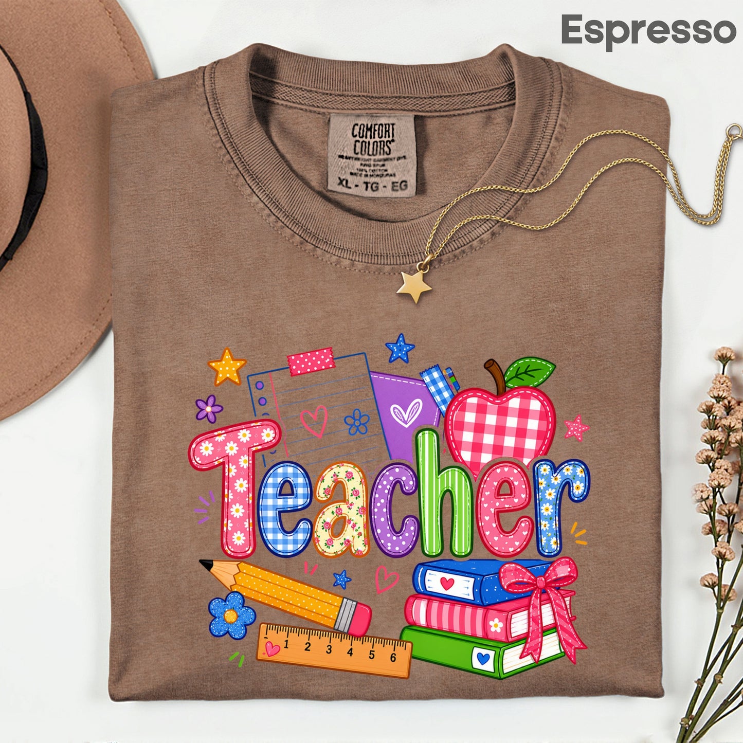 Teacher Apple Books Pencil T-Shirt, Colorful School Supplies Back to School Comfort Color Tee