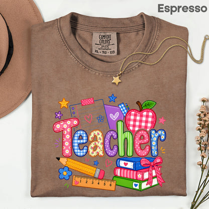 Teacher Apple Books Pencil T-Shirt, Colorful School Supplies Back to School Comfort Color Tee
