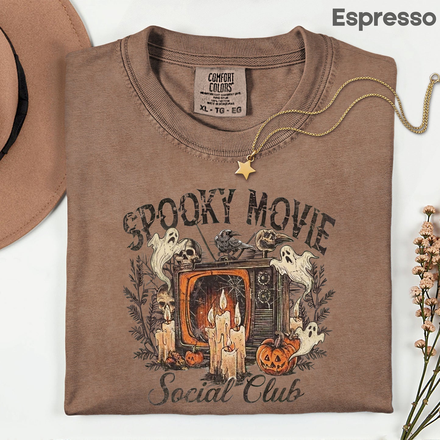 Spooky Movie Social Club Vintage Horror T-Shirt, Ghosts Pumpkin Candles Halloween Tee