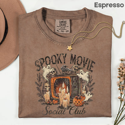 Spooky Movie Social Club Vintage Horror T-Shirt, Ghosts Pumpkin Candles Halloween Tee