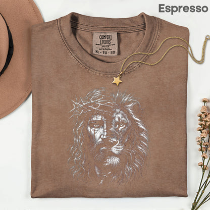 Lion and Jesus Christian Faith T-Shirt, Lion of Judah Crown of Thorns Sketch Tee