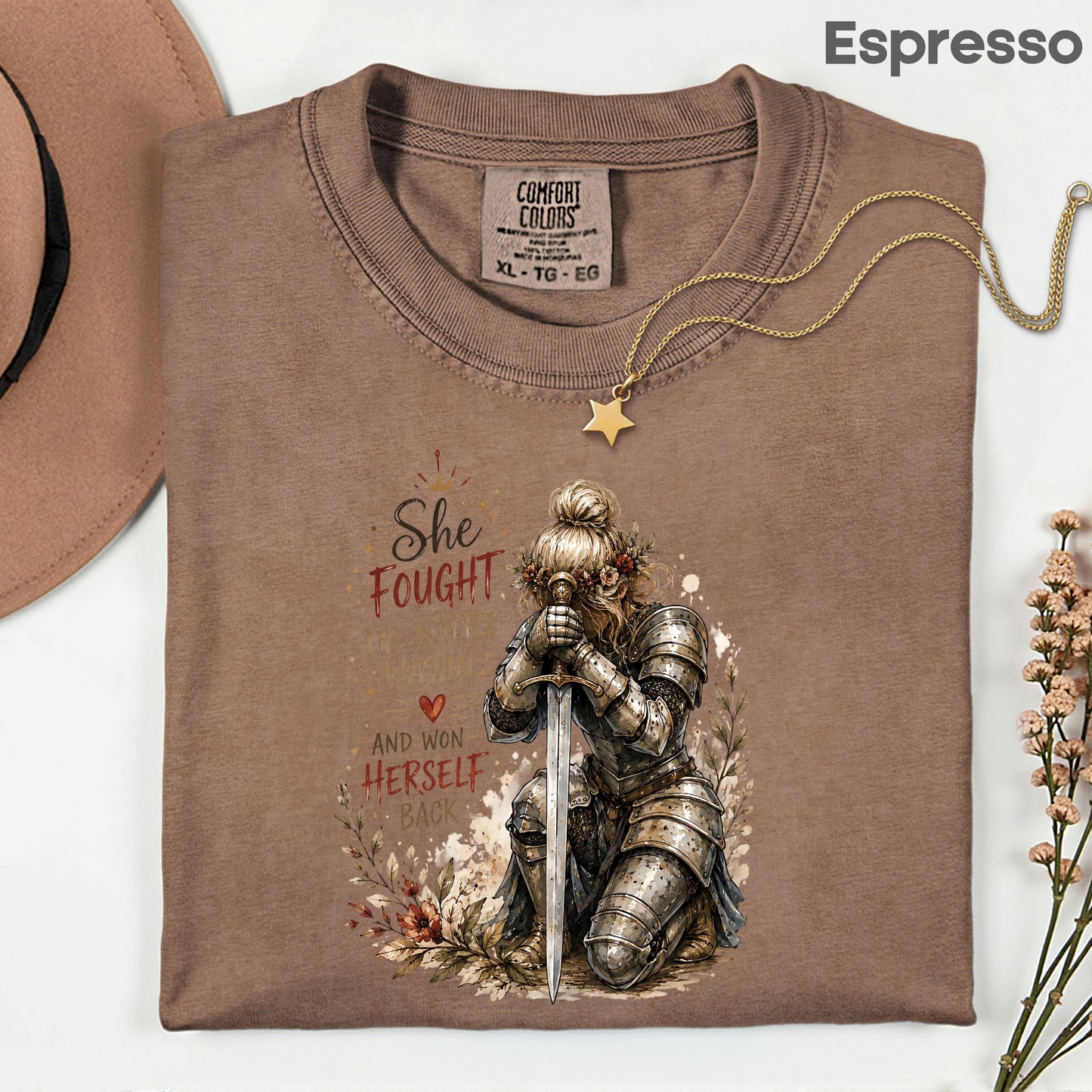 Inspirational Knight Girl She Fought the Battle Within T-Shirt, Female Warrior Sword Armor Tee