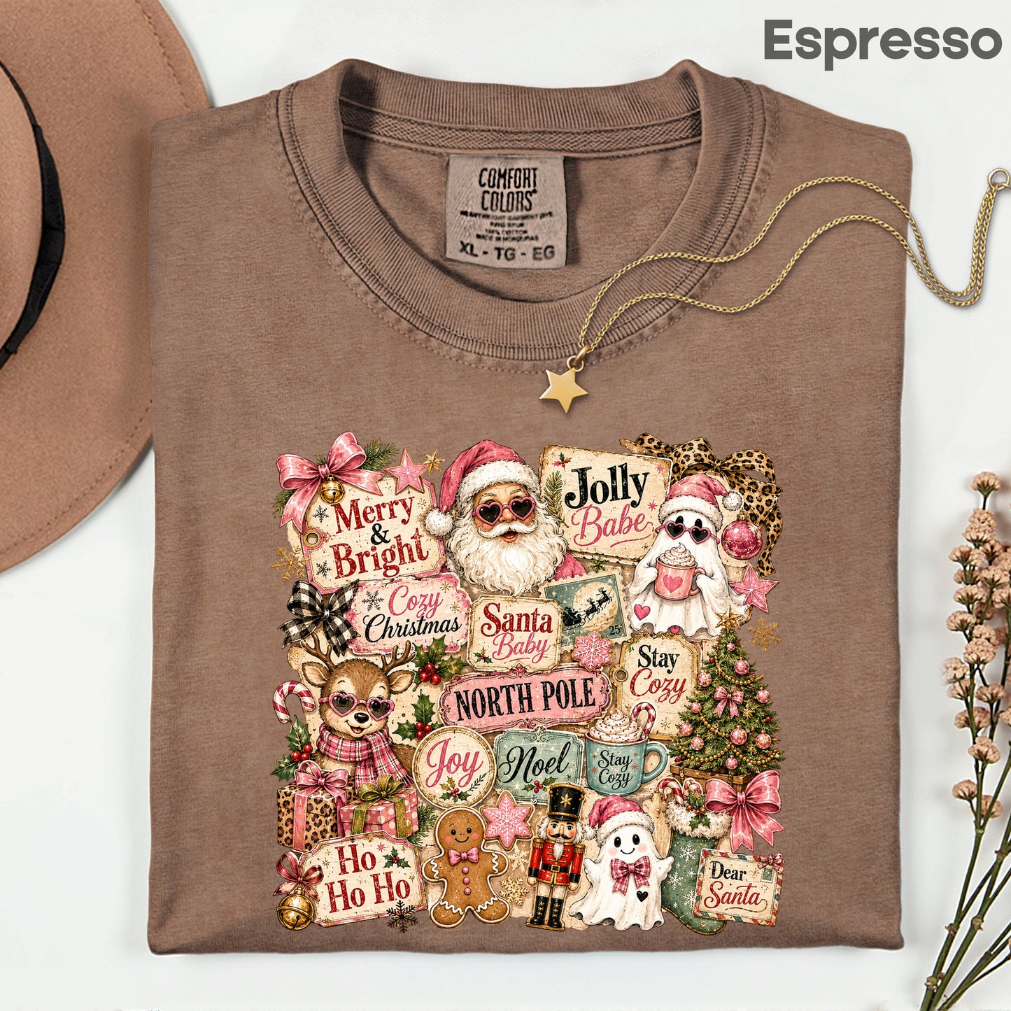 Cozy Pink Christmas Collage T-Shirt, Santa Reindeer Gingerbread Nutcracker North Pole Holiday Tee
