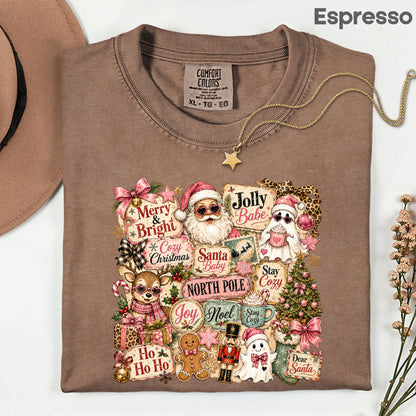 Cozy Pink Christmas Collage T-Shirt, Santa Reindeer Gingerbread Nutcracker North Pole Holiday Tee