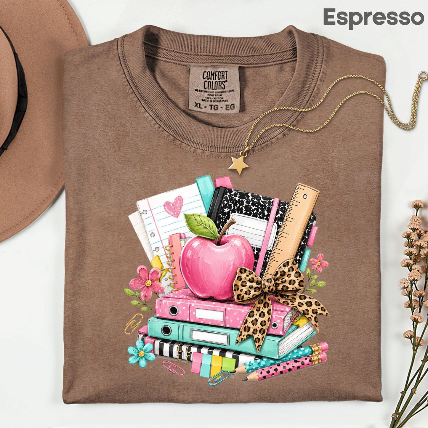 Pink Apple School Supplies T-Shirt, Books Leopard Bow Back to School Teacher Tee