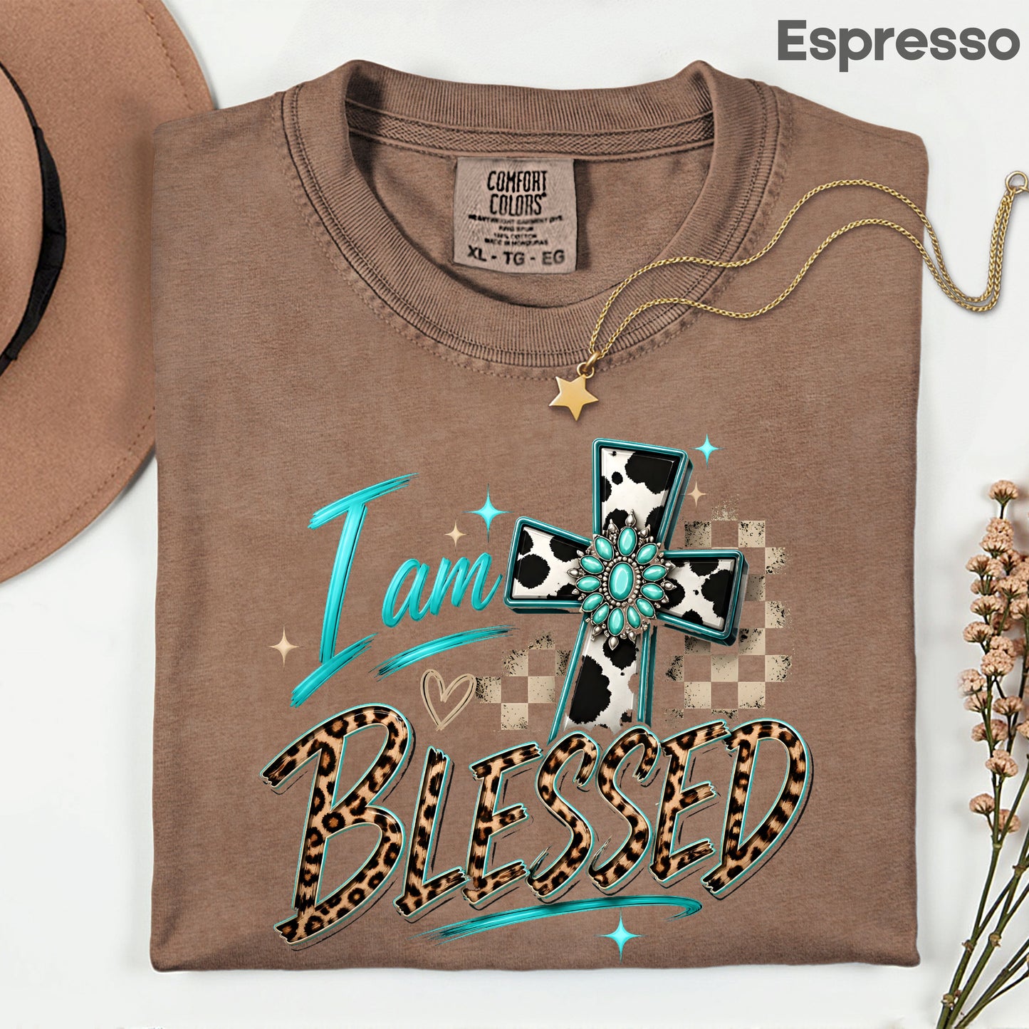 I Am Blessed Western Cross Cow Print T-Shirt, Turquoise Leopard Faith Tee