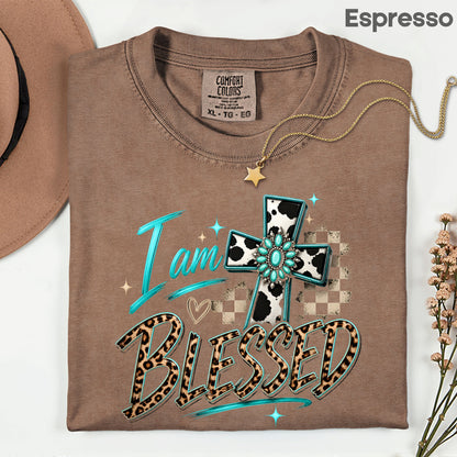 I Am Blessed Western Cross Cow Print T-Shirt, Turquoise Leopard Faith Tee