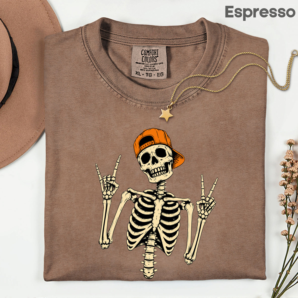 Cool Skeleton Rock On T-Shirt, Peace Sign Halloween Orange Hat Spooky Tee