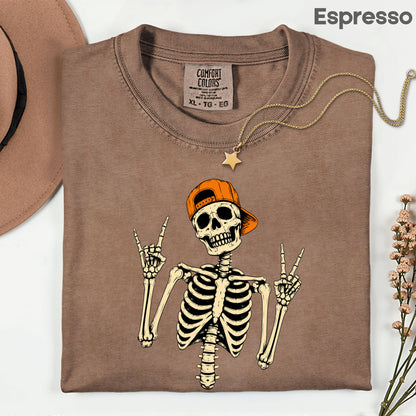 Cool Skeleton Rock On T-Shirt, Peace Sign Halloween Orange Hat Spooky Tee
