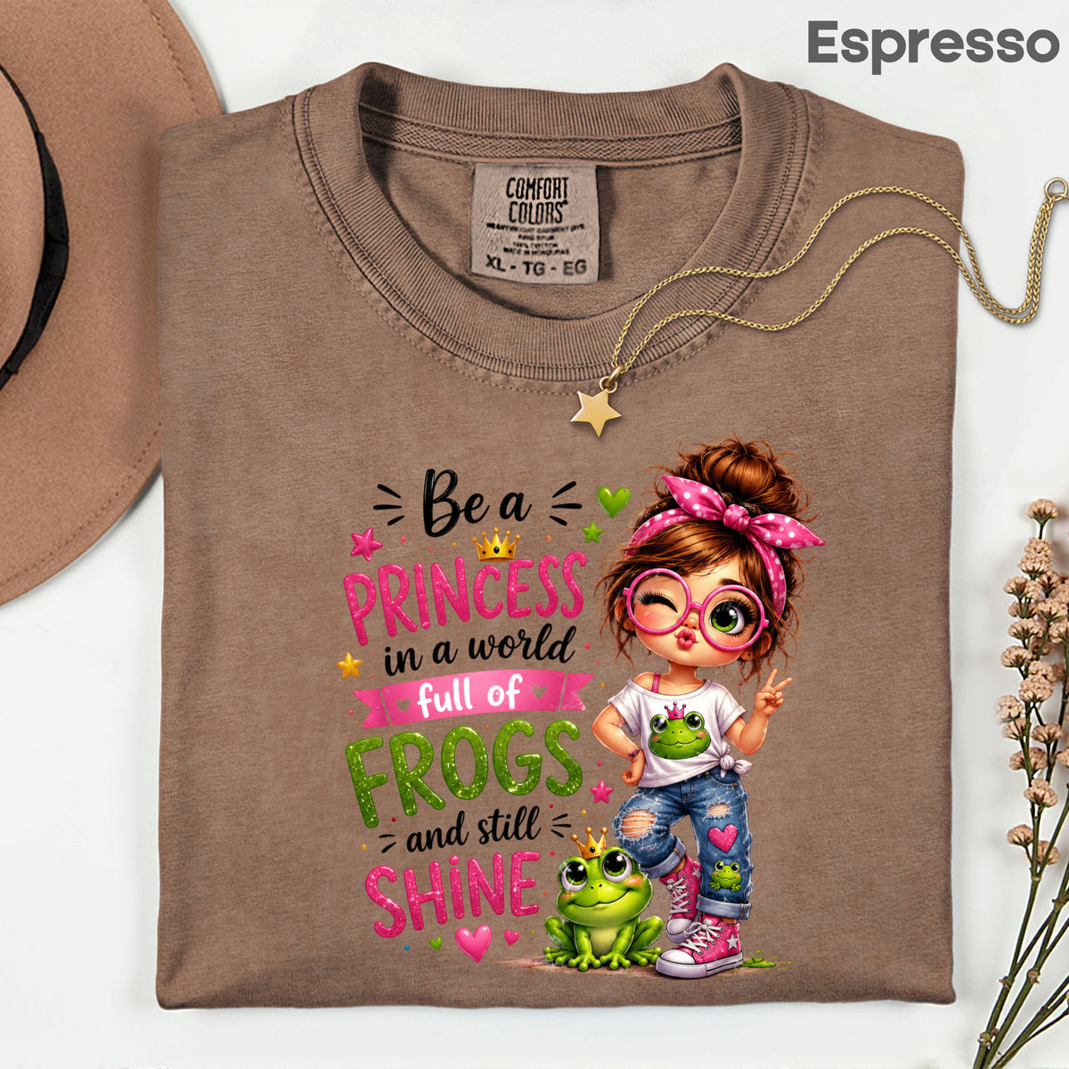 Be a Princess Frog Girl T-Shirt, Cute Messy Bun Pink Green Quote Tee