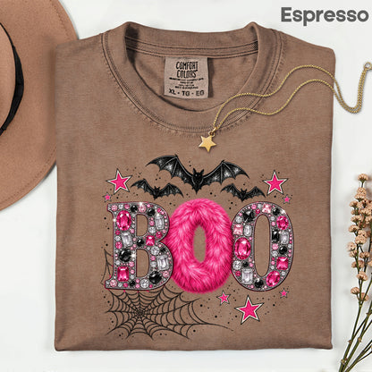 Boo Pink Glitter Bats Halloween T-Shirt, Spider Web Sparkle Comfort Color Tee