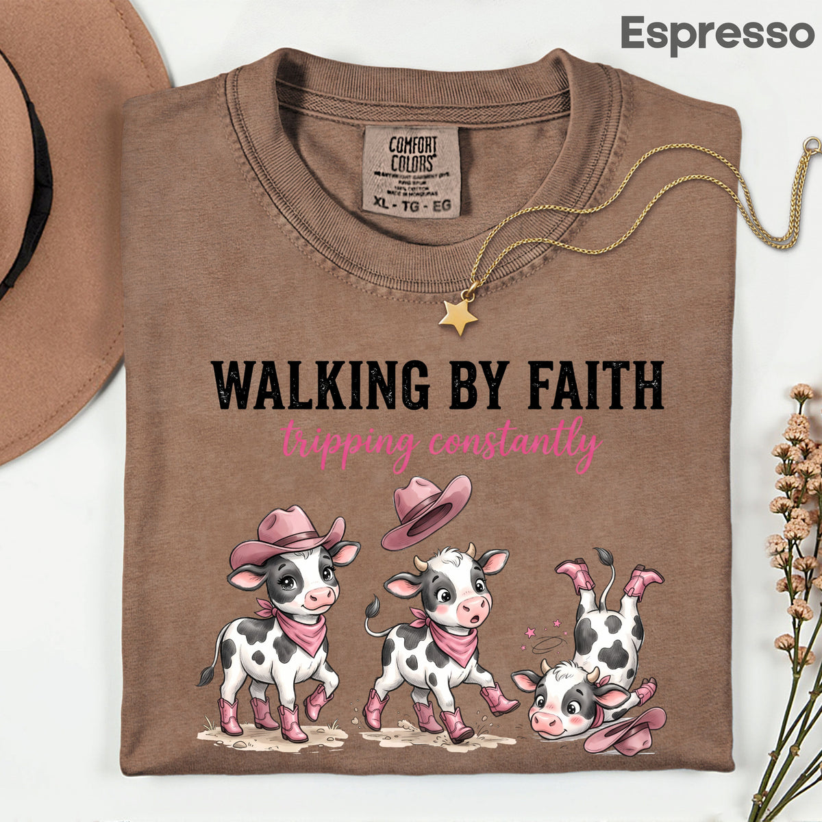 Funny Western Cow Walking by Faith T-Shirt, Pink Cowboy Boots Christian Humor Tee