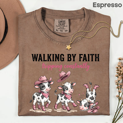 Funny Western Cow Walking by Faith T-Shirt, Pink Cowboy Boots Christian Humor Tee