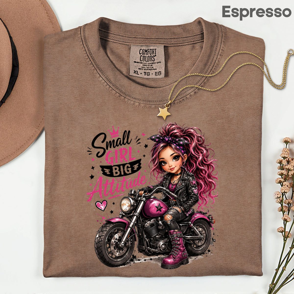Small Girl Big Attitude Biker Girl T-Shirt, Pink Motorcycle Cute Rocker Tee