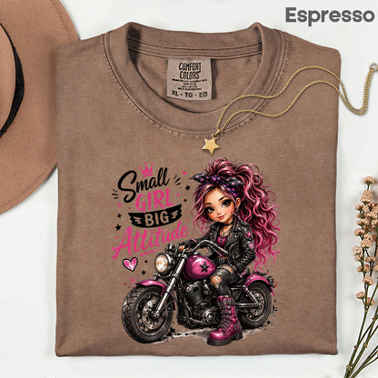 Small Girl Big Attitude Biker Girl T-Shirt, Pink Motorcycle Cute Rocker Tee