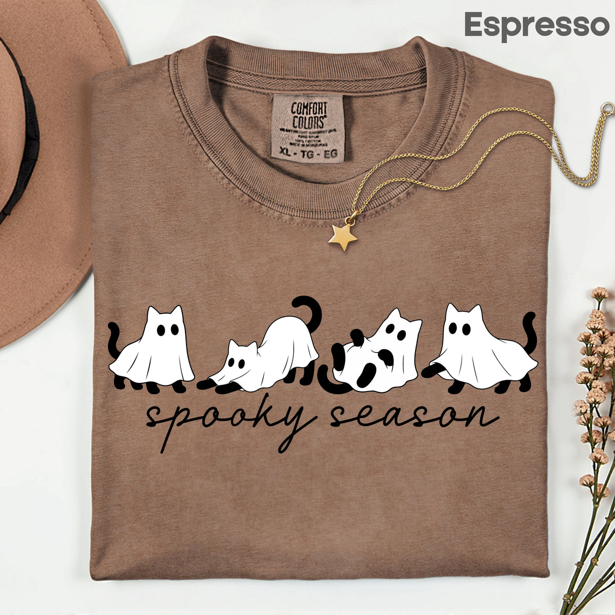 Spooky Season Ghost Cats Halloween T-Shirt, Black Cats Ghost Line Art Minimalist Tee