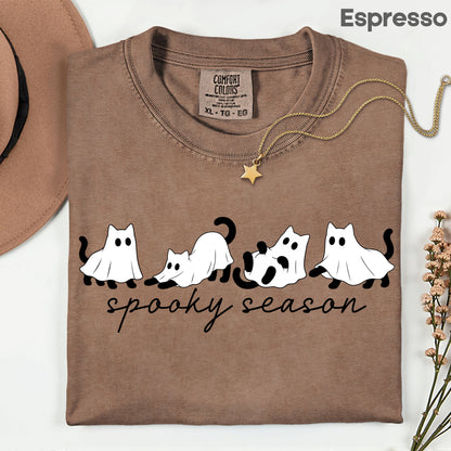 Spooky Season Ghost Cats Halloween T-Shirt, Black Cats Ghost Line Art Minimalist Tee