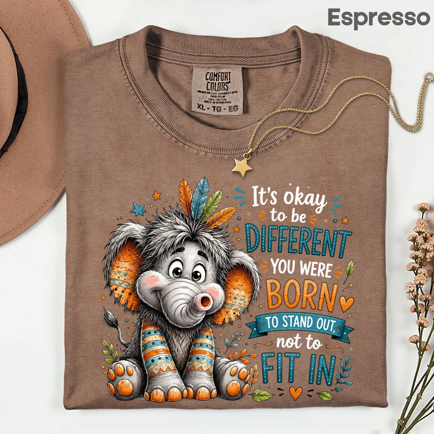 It's Okay to Be Different Elephant T-Shirt, Cute Feathers Stand Out Quote Tee