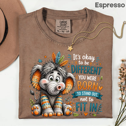 It's Okay to Be Different Elephant T-Shirt, Cute Feathers Stand Out Quote Tee