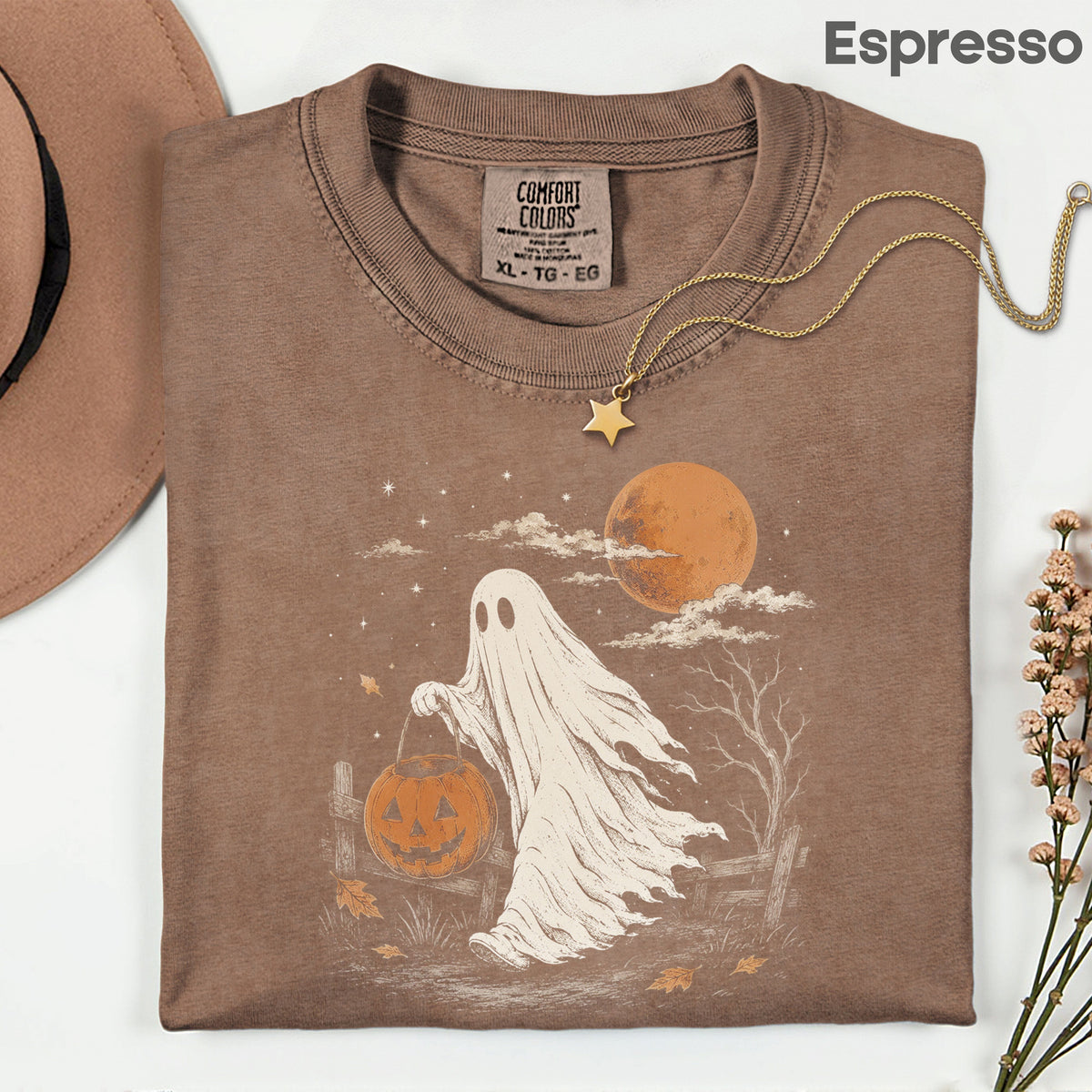 Vintage Halloween Ghost T-Shirt, Jack O Lantern Full Moon Sepia Neutral Tones Spooky Fall Tee