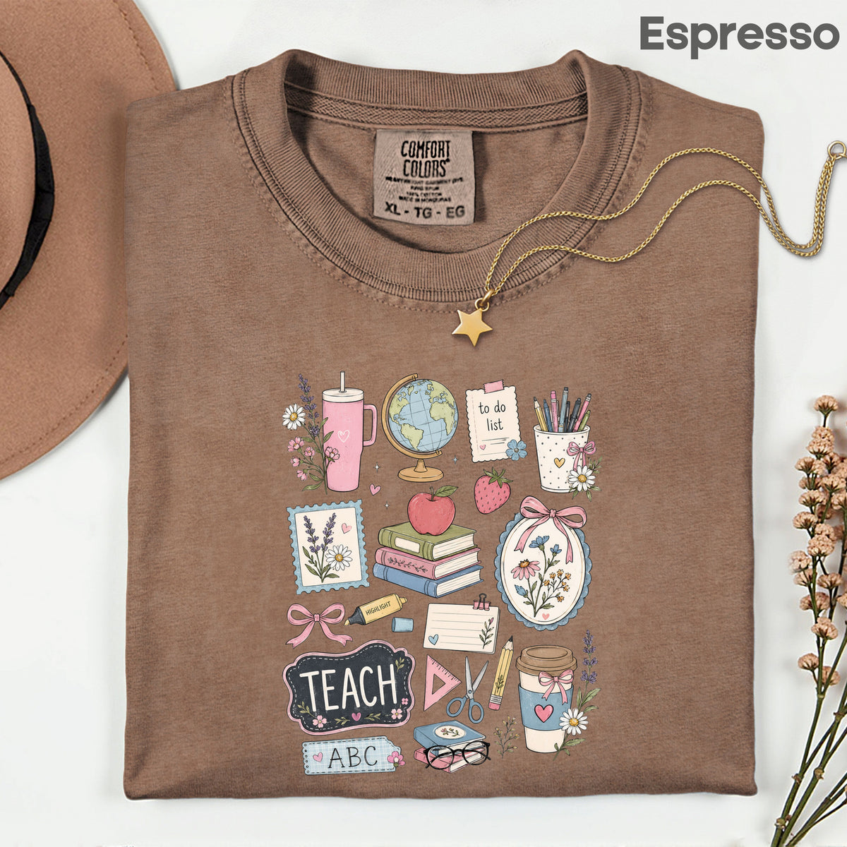 Cute Teacher Supplies Coquette T-Shirt, Books Coffee Globe Pink Bows Back to School Tee