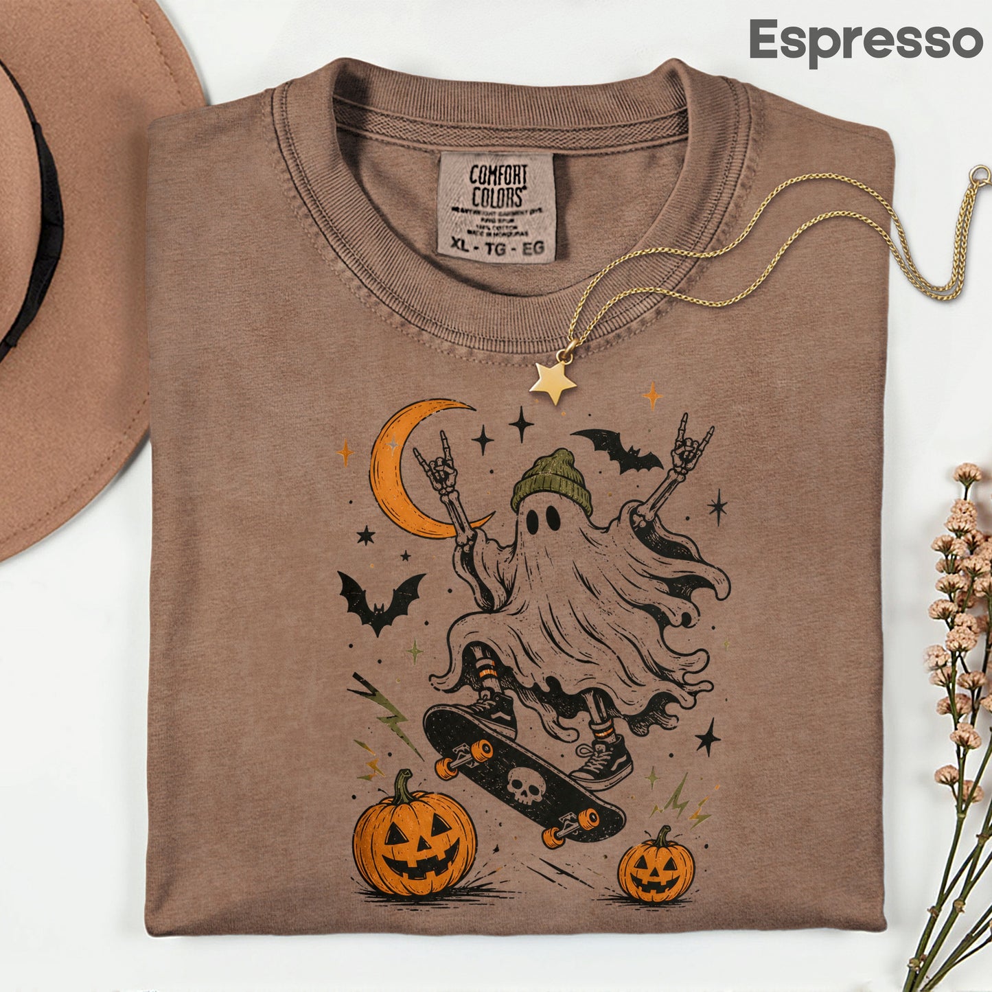 Halloween Skater Ghost Rock On T-Shirt, Skateboarding Skeleton Crescent Moon Pumpkins Bats Tee
