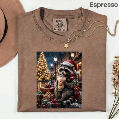 Christmas Raccoon Santa Hat T-Shirt, Coffee Drink Cute Holiday Winter Comfort Color Tee