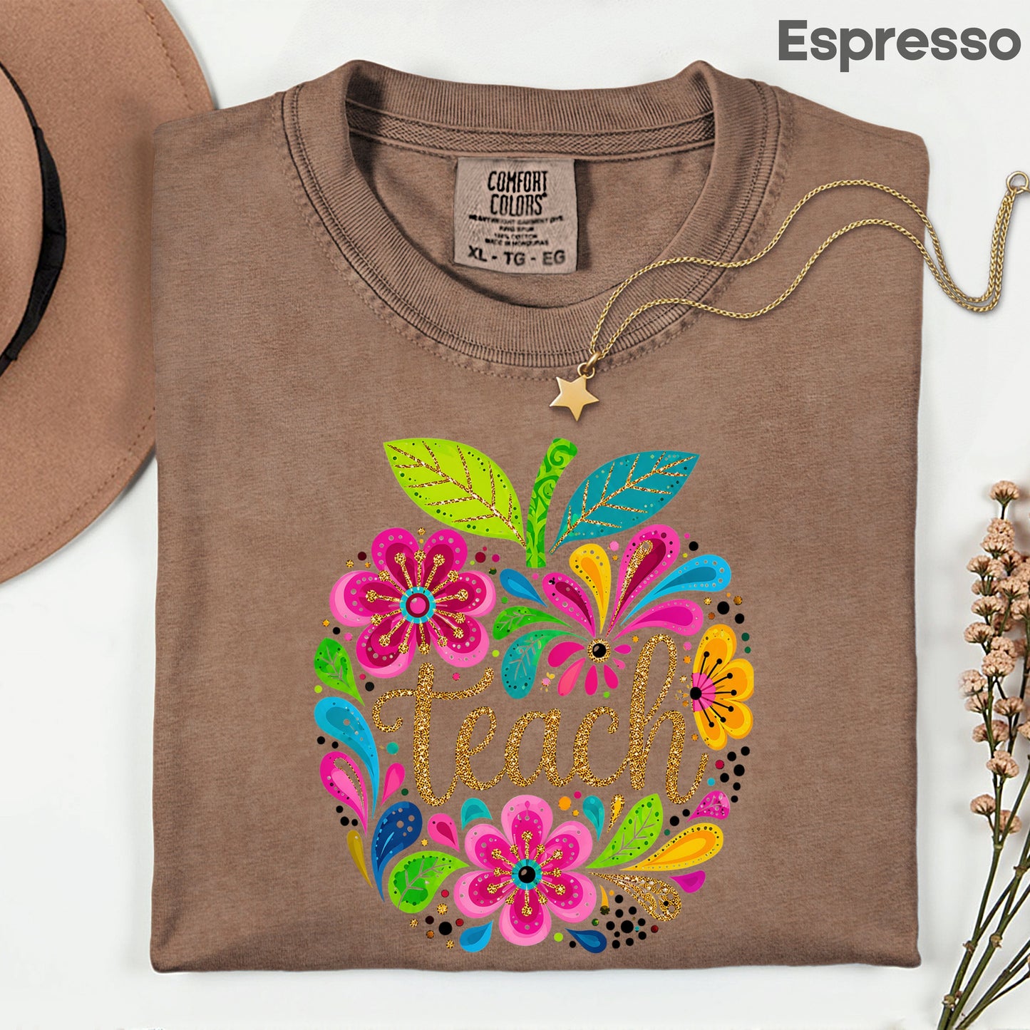 Teacher Teach Floral Apple T-Shirt, Colorful Back to School Teacher Life Tee