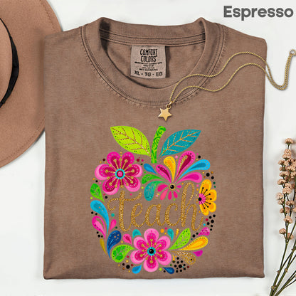 Teacher Teach Floral Apple T-Shirt, Colorful Back to School Teacher Life Tee