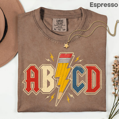 AB CD Lightning Bolt Pencil Teacher T-Shirt, Rock N Roll Back to School Comfort Color Tee