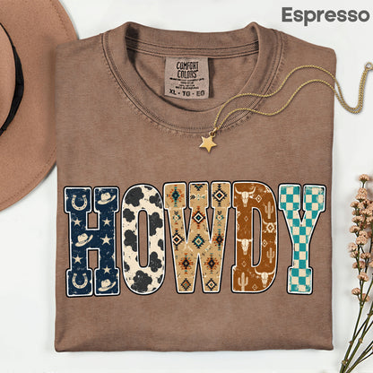 Western Howdy Cow Print T-Shirt, Southwestern Western Vibe Comfort Color Tee