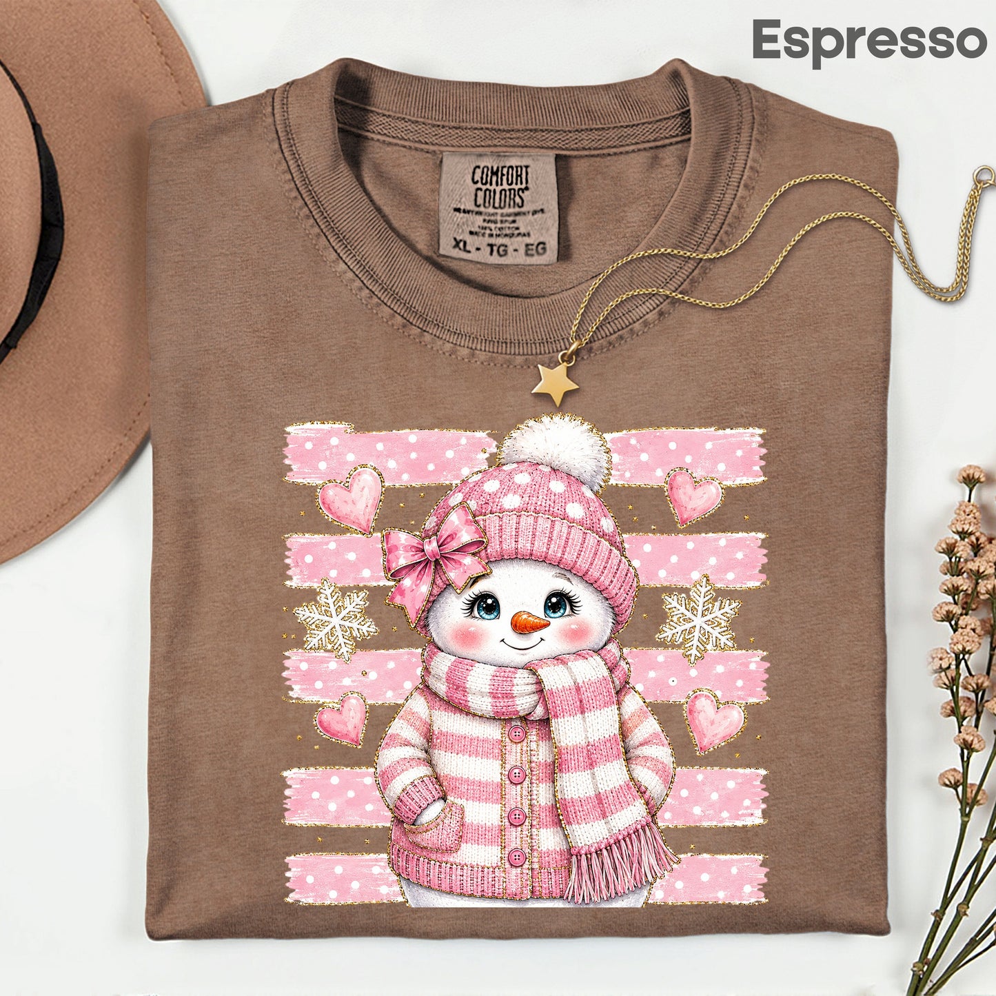 Cute Pink Snowgirl Winter T-Shirt, Snowman Beanie Bow Pink Stripes Hearts Tee