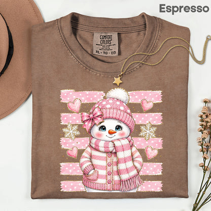 Cute Pink Snowgirl Winter T-Shirt, Snowman Beanie Bow Pink Stripes Hearts Tee