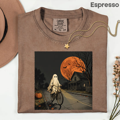 Ghost Riding Bike Halloween T-Shirt, Haunted House Orange Harvest Moon Tee Sweatshirt