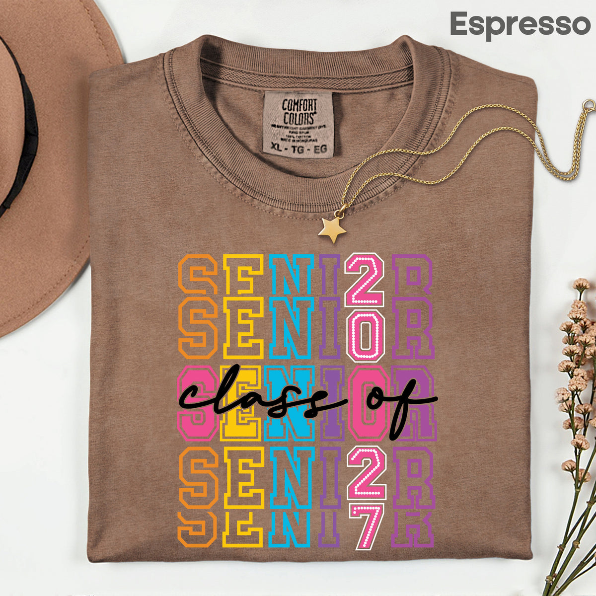 Senior Class of 2027 Colorful Retro T-Shirt, Stacked Varsity Letters Pastel Graduation Tee