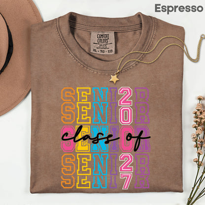 Senior Class of 2027 Colorful Retro T-Shirt, Stacked Varsity Letters Pastel Graduation Tee