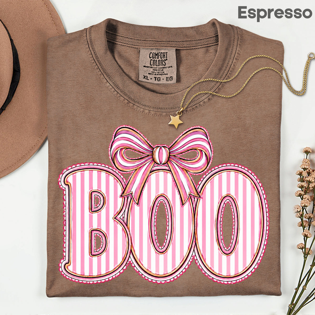 Boo Coquette Pink Bow Halloween T-Shirt, Striped Ribbon Cute Spooky Season Tee