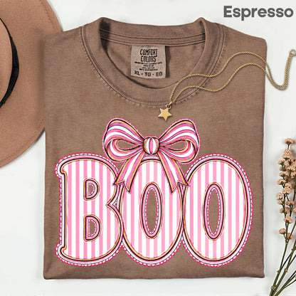 Boo Coquette Pink Bow Halloween T-Shirt, Striped Ribbon Cute Spooky Season Tee