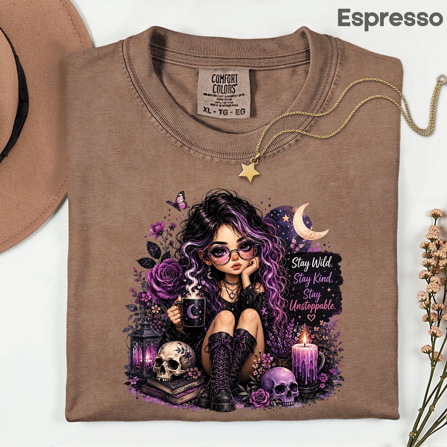 Stay Wild Stay Kind Goth Girl Skull T-Shirt, Purple Crescent Moon Witchy Tee