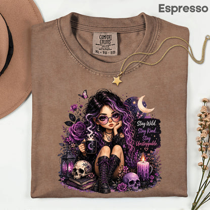 Stay Wild Stay Kind Goth Girl Skull T-Shirt, Purple Crescent Moon Witchy Tee