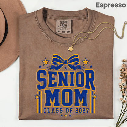 Senior Mom 2027 Royal Blue Yellow Cheer Bow T-Shirt, Varsity Graduation Mother Tee