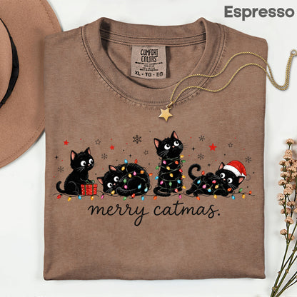 Merry Catmas Black Cats Christmas T-Shirt, Christmas Lights Black Kittens Cat Lover Tee