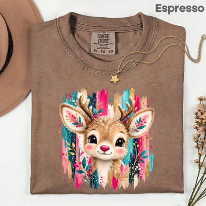 Cute Christmas Reindeer Floral Antlers T-Shirt, Pink Teal Gold Holiday Tee