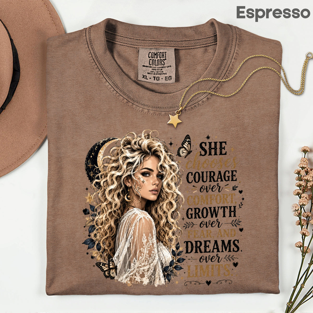 She Chooses Courage Inspirational T-Shirt, Blonde Woman Butterfly Crescent Moon Tee Sweatshirt