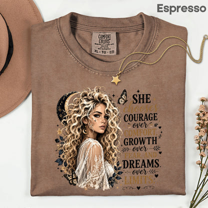 She Chooses Courage Inspirational T-Shirt, Blonde Woman Butterfly Crescent Moon Tee Sweatshirt