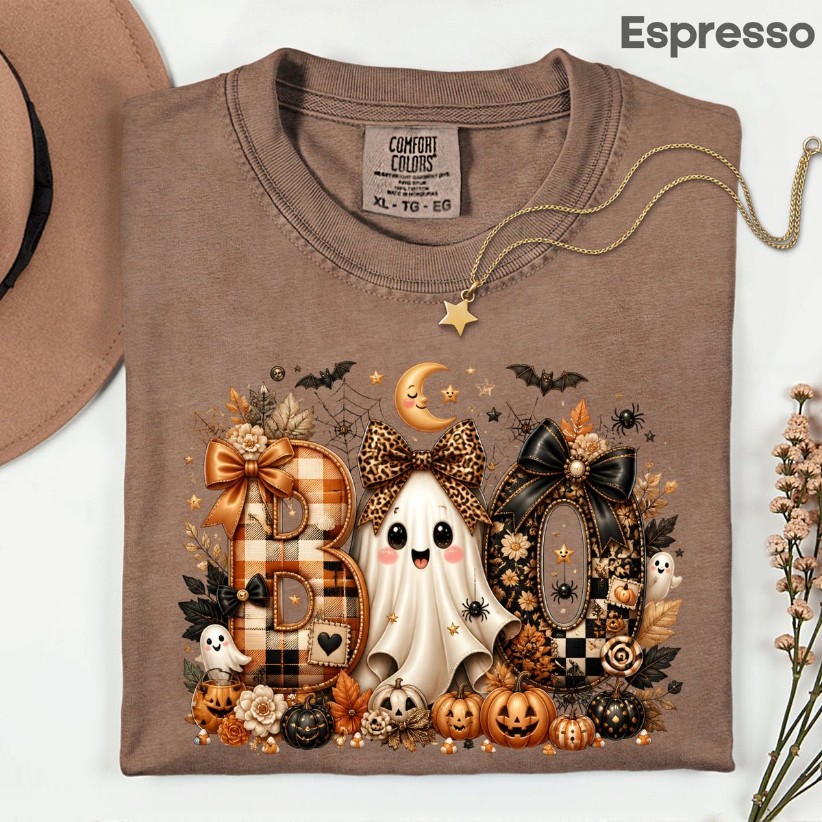 Halloween Boo Ghost T-Shirt, Cute Bows Orange Plaid Leopard Spooky Season Comfort Color Tee